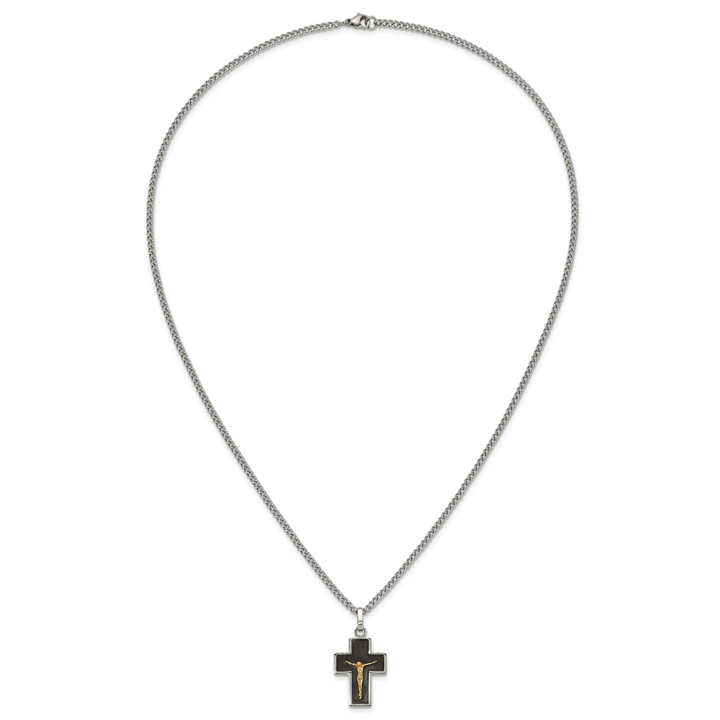 Men's Polished Crucifix Black Enamel Stainless Steel 14K Gold Accent Curb Chain Pendant Necklace 3mm