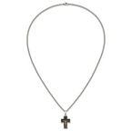 Men's Polished Crucifix Black Enamel Stainless Steel 14K Gold Accent Curb Chain Pendant Necklace 3mm