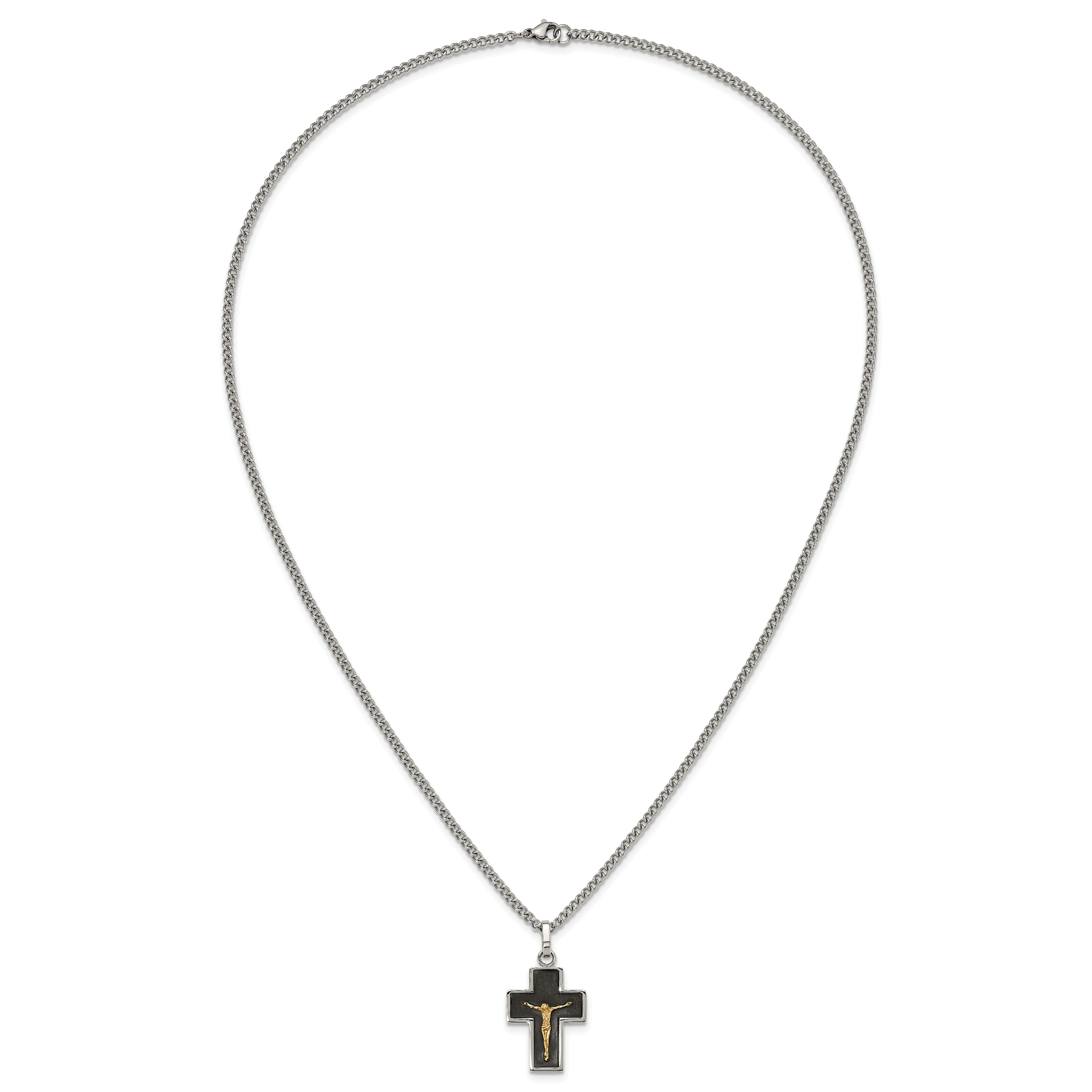 Men's Polished Crucifix Black Enamel Stainless Steel 14K Gold Accent Curb Chain Pendant Necklace 3mm