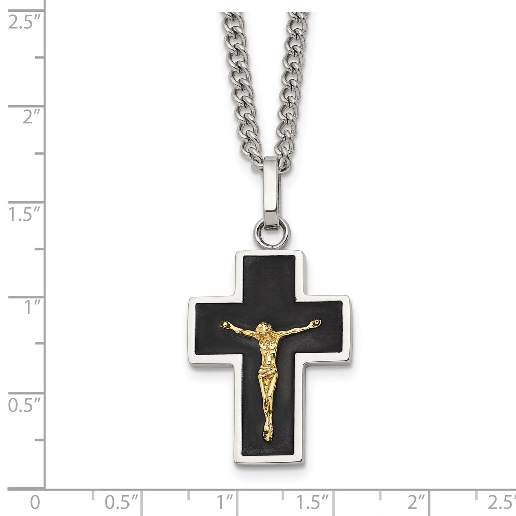 Men's Polished Crucifix Black Enamel Stainless Steel 14K Gold Accent Curb Chain Pendant Necklace 3mm