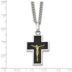 Men's Polished Crucifix Black Enamel Stainless Steel 14K Gold Accent Curb Chain Pendant Necklace 3mm