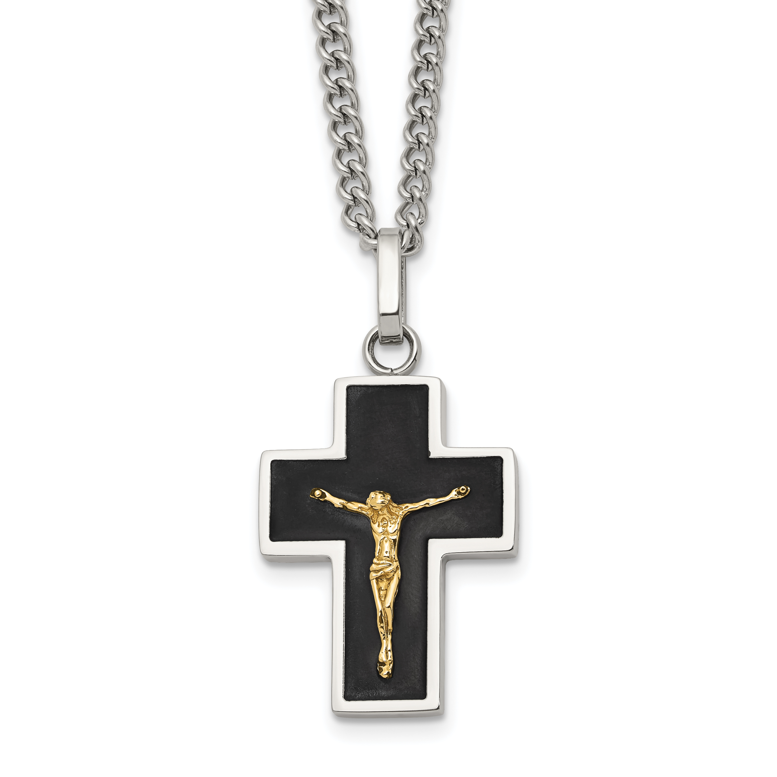 Men's Polished Crucifix Black Enamel Stainless Steel 14K Gold Accent Curb Chain Pendant Necklace 3mm Main image