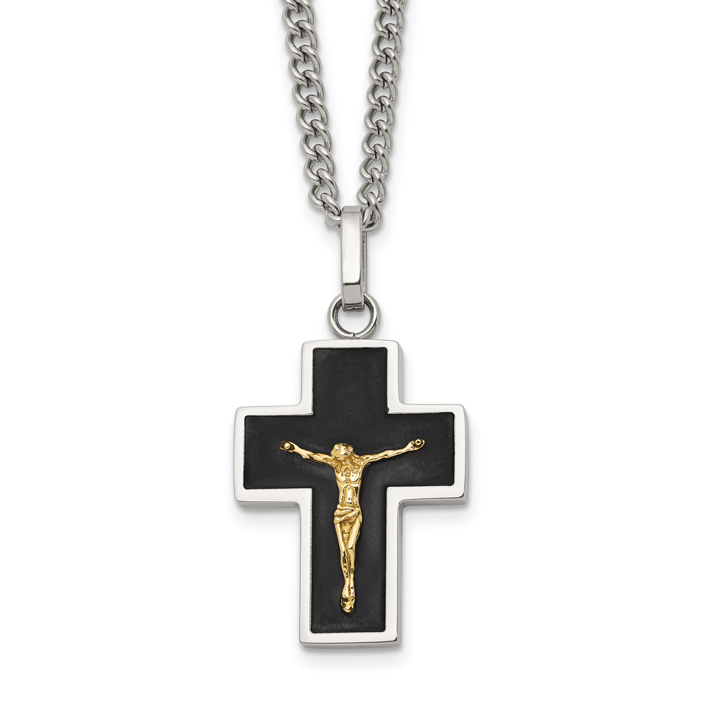 Men's Polished Crucifix Black Enamel Stainless Steel 14K Gold Accent Curb Chain Pendant Necklace 3mm