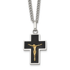 Men's Polished Crucifix Black Enamel Stainless Steel 14K Gold Accent Curb Chain Pendant Necklace 3mm