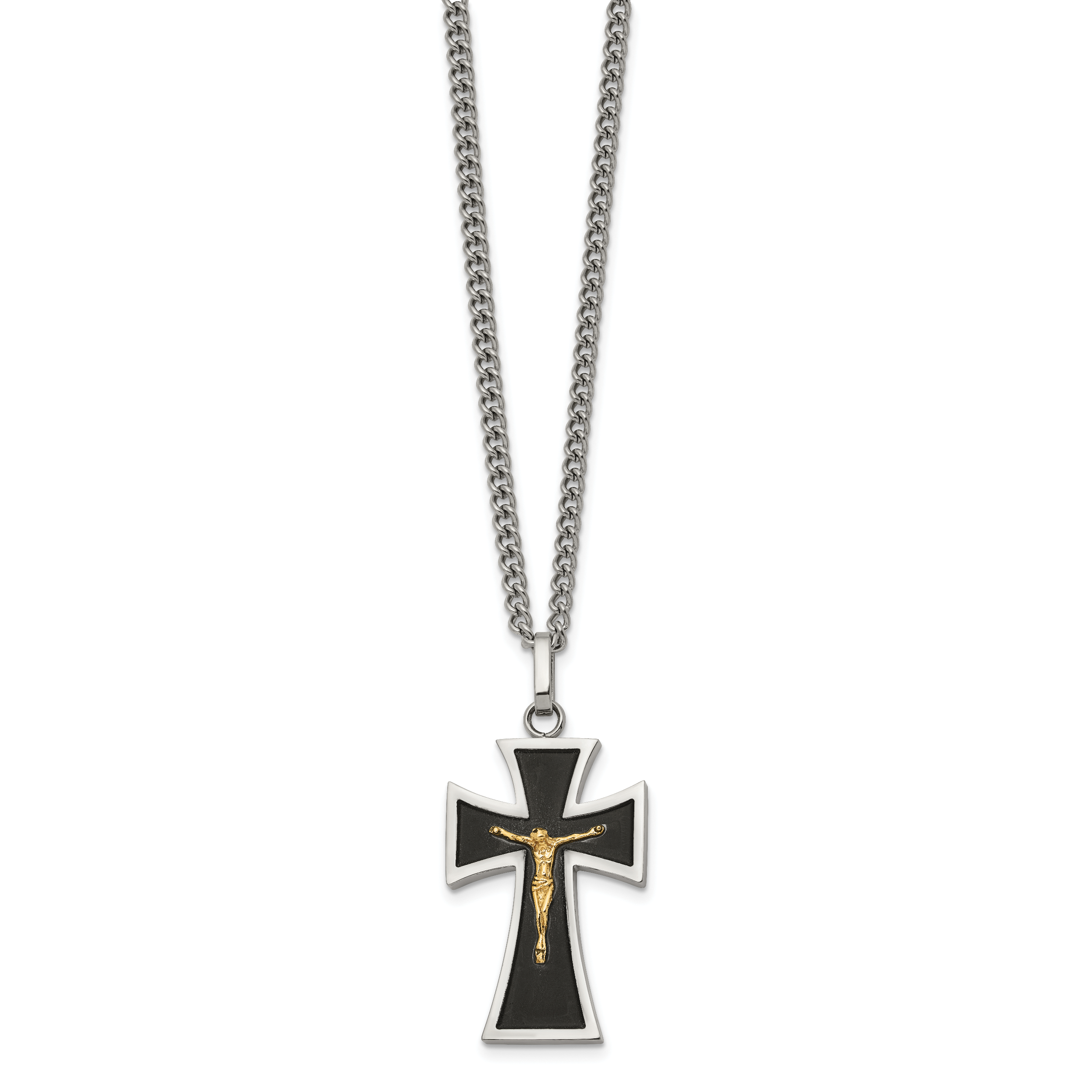 Men's Polished Crucifix Black Enamel Stainless Steel 14K Gold Accent Curb Chain Pendant Necklace 3mm 24in Secondary image