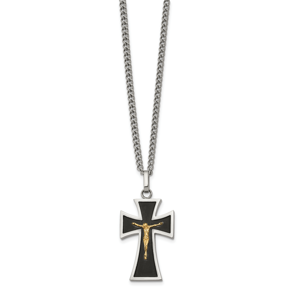 Men's Polished Crucifix Black Enamel Stainless Steel 14K Gold Accent Curb Chain Pendant Necklace 3mm 24in