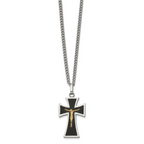 Men's Polished Crucifix Black Enamel Stainless Steel 14K Gold Accent Curb Chain Pendant Necklace 3mm 24in