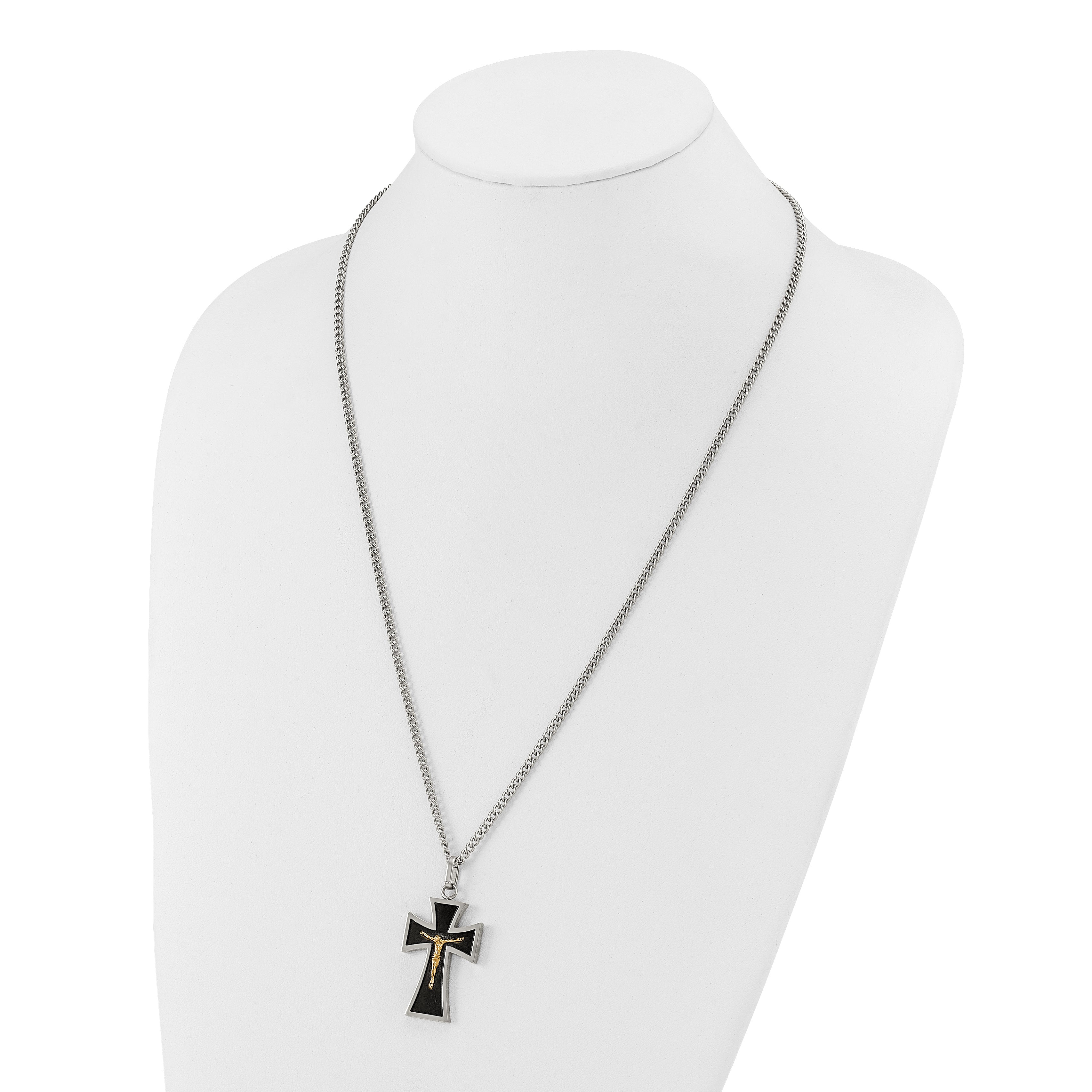 Men's Polished Crucifix Black Enamel Stainless Steel 14K Gold Accent Curb Chain Pendant Necklace 3mm 24in