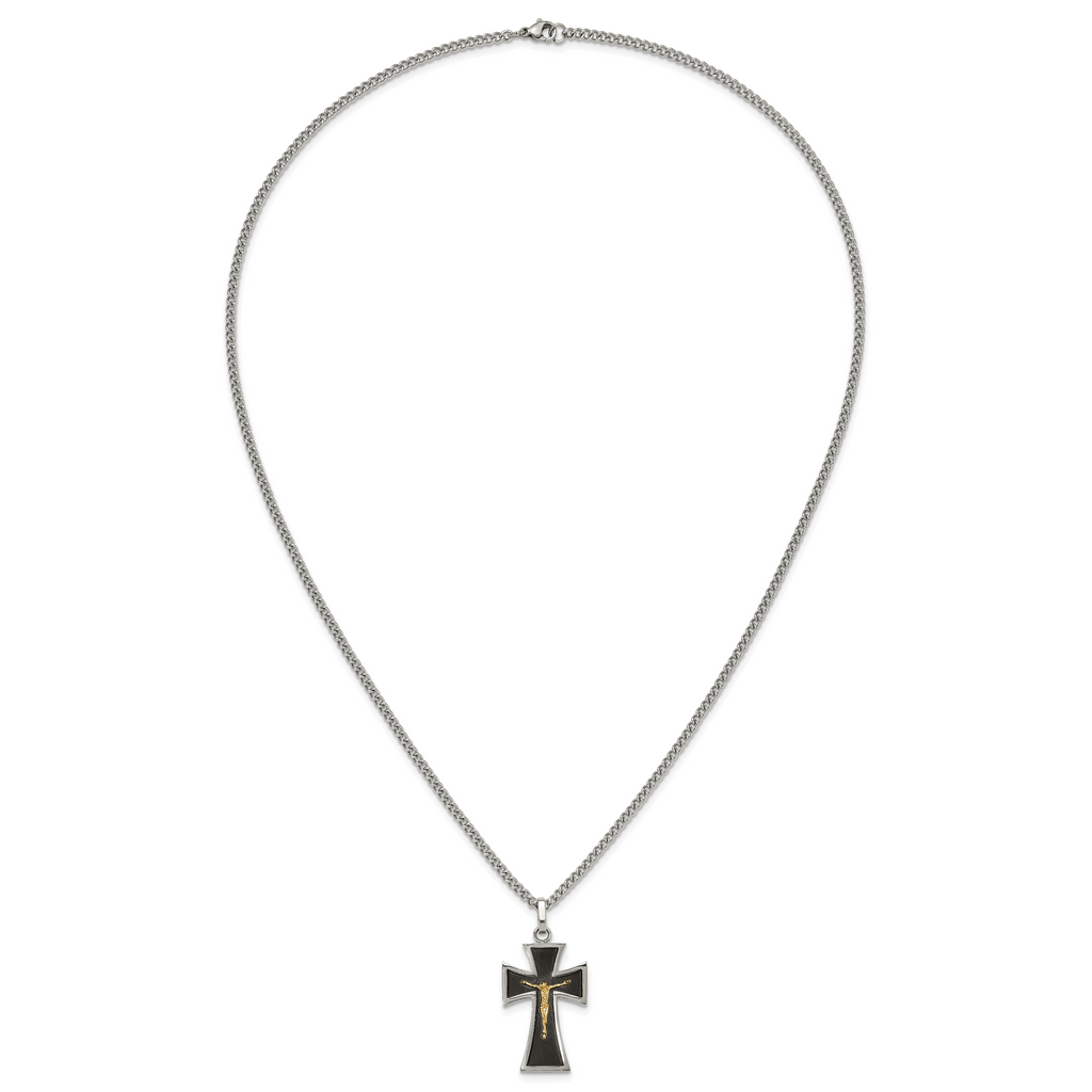 Men's Polished Crucifix Black Enamel Stainless Steel 14K Gold Accent Curb Chain Pendant Necklace 3mm 24in