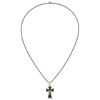 Men's Polished Crucifix Black Enamel Stainless Steel 14K Gold Accent Curb Chain Pendant Necklace 3mm 24in