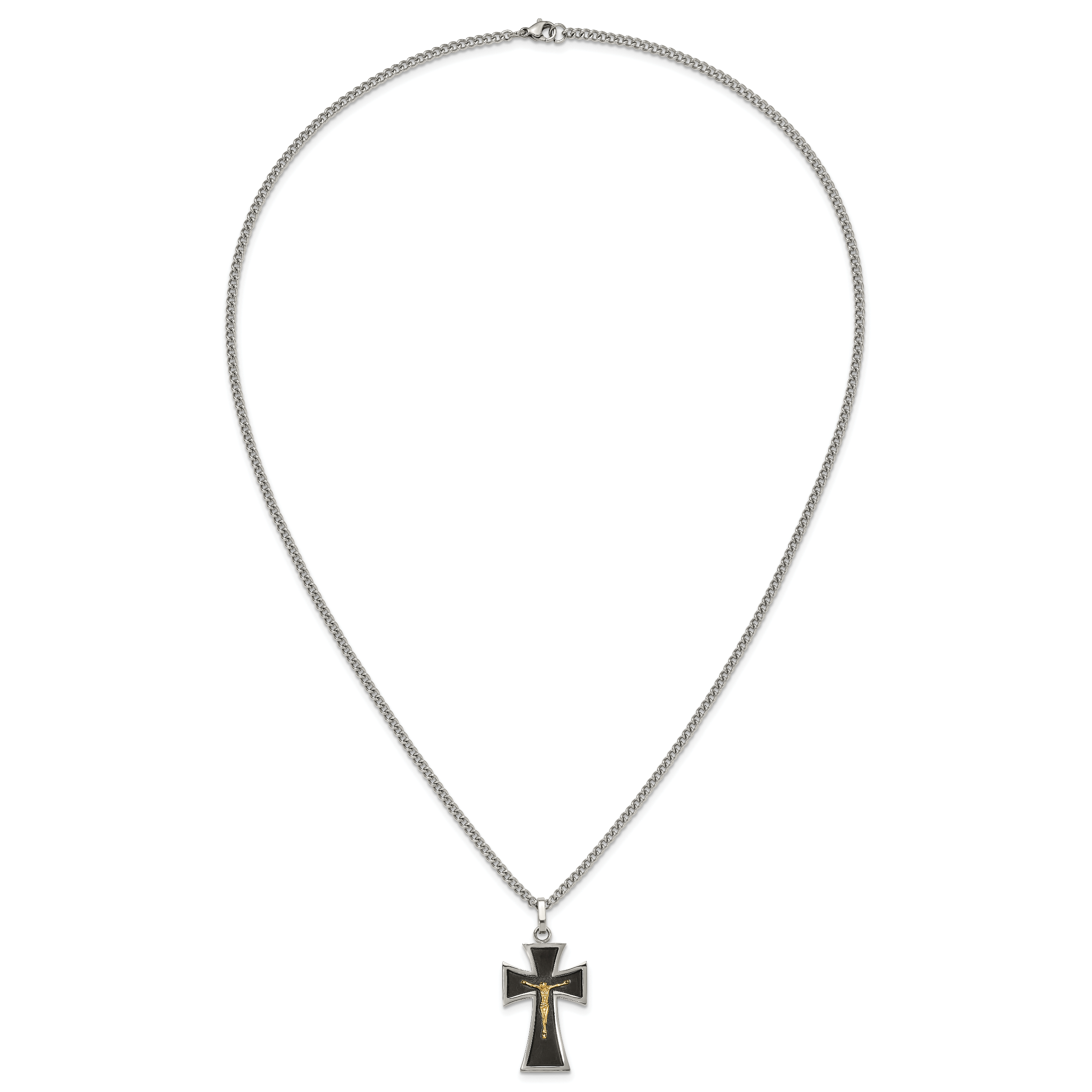 Men's Polished Crucifix Black Enamel Stainless Steel 14K Gold Accent Curb Chain Pendant Necklace 3mm 24in