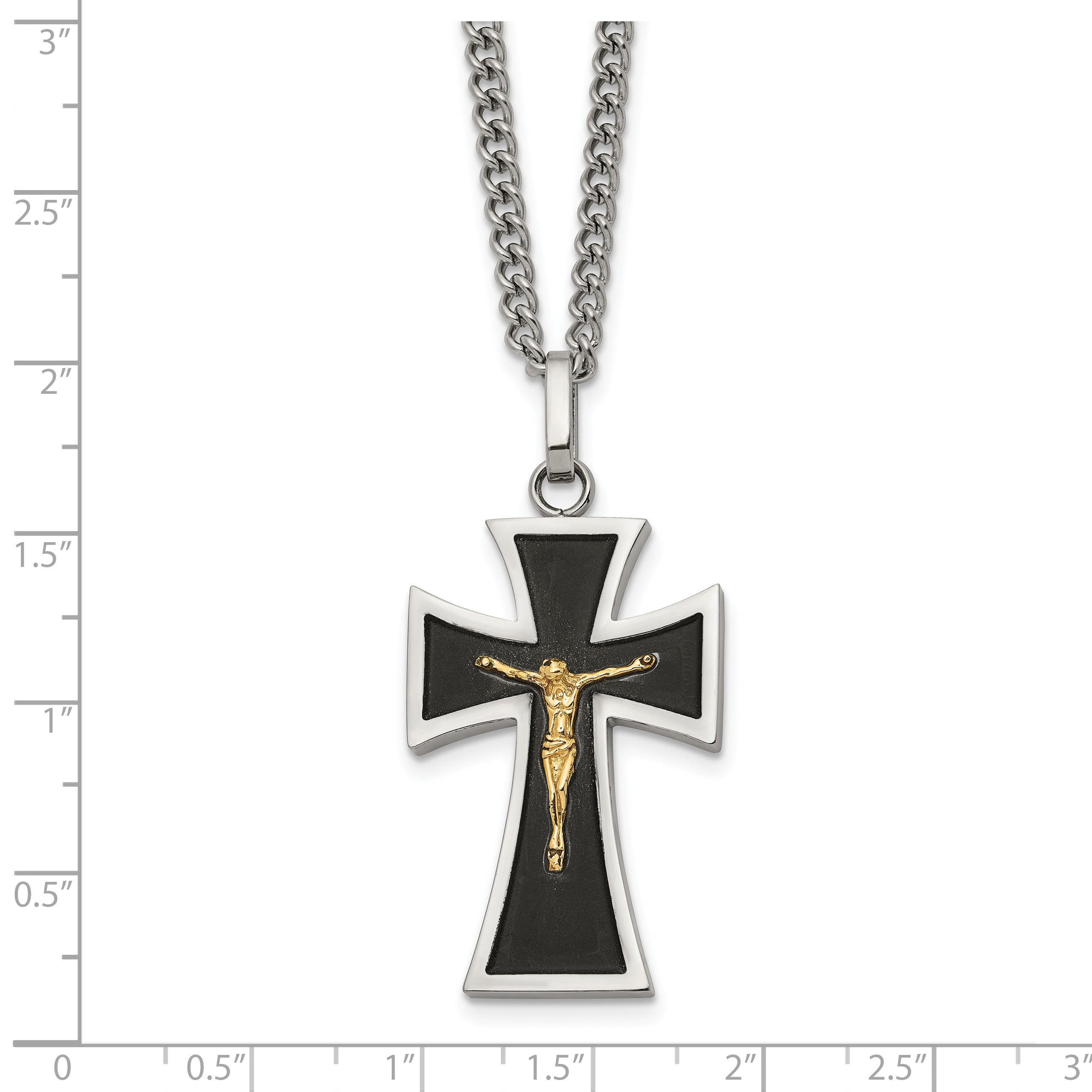 Men's Polished Crucifix Black Enamel Stainless Steel 14K Gold Accent Curb Chain Pendant Necklace 3mm 24in