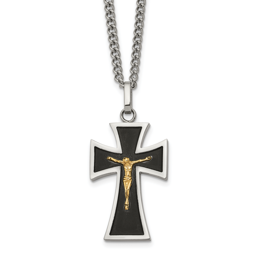 Men's Polished Crucifix Black Enamel Stainless Steel 14K Gold Accent Curb Chain Pendant Necklace 3mm 24in