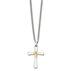 Men's Polished Diamond Cross Stainless Steel 14K Gold Accent Curb Chain Necklace 3mm