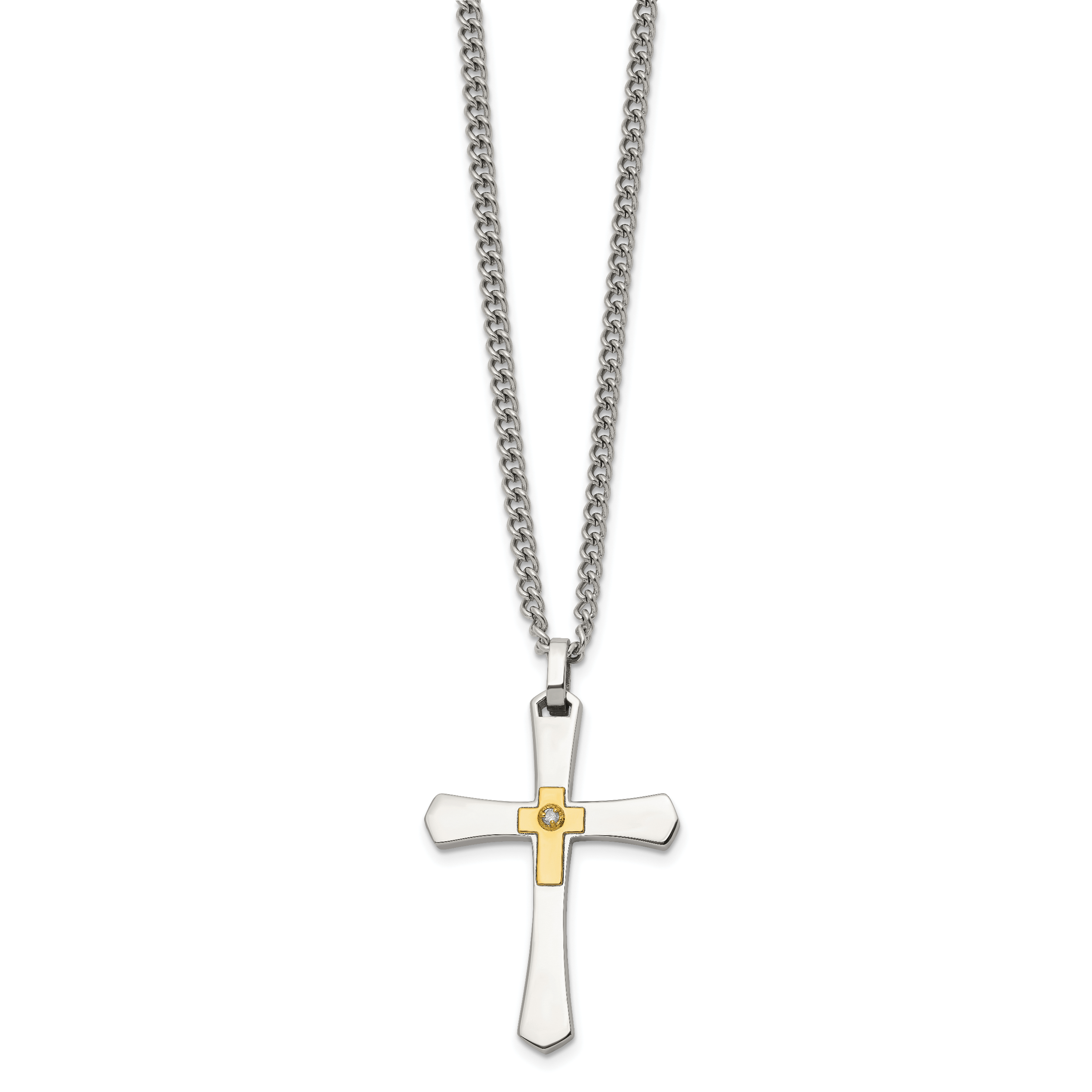 Men's Polished Diamond Cross Stainless Steel 14K Gold Accent Curb Chain Necklace 3mm