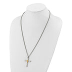 Men's Polished Diamond Cross Stainless Steel 14K Gold Accent Curb Chain Necklace 3mm