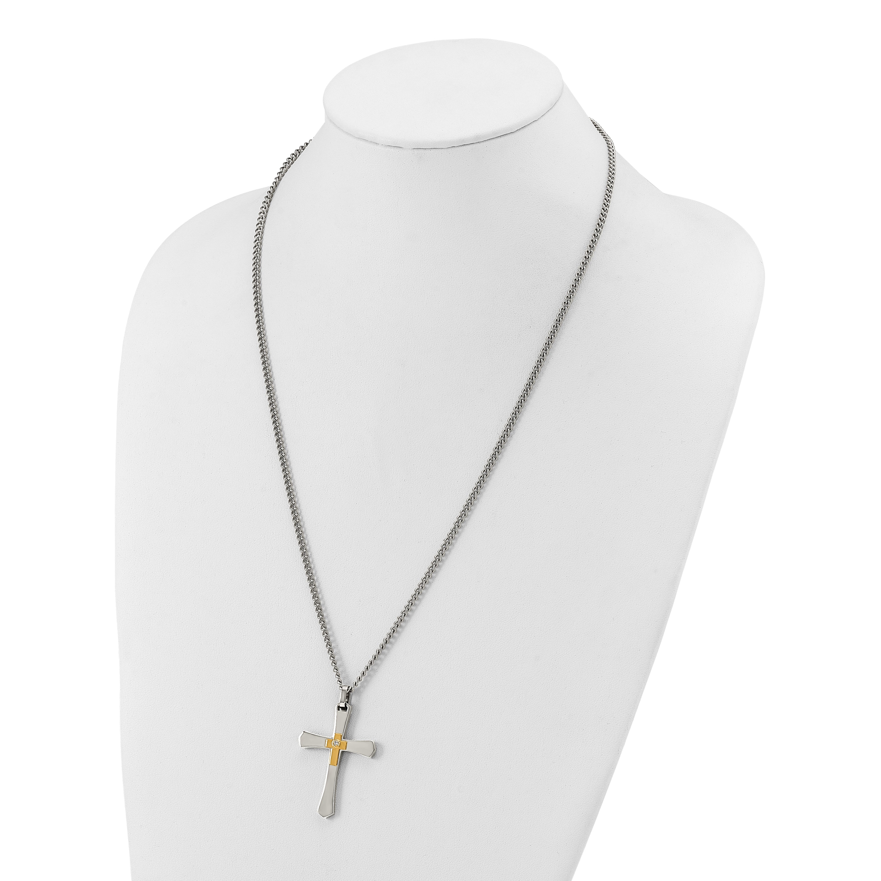 Men's Polished Diamond Cross Stainless Steel 14K Gold Accent Curb Chain Necklace 3mm