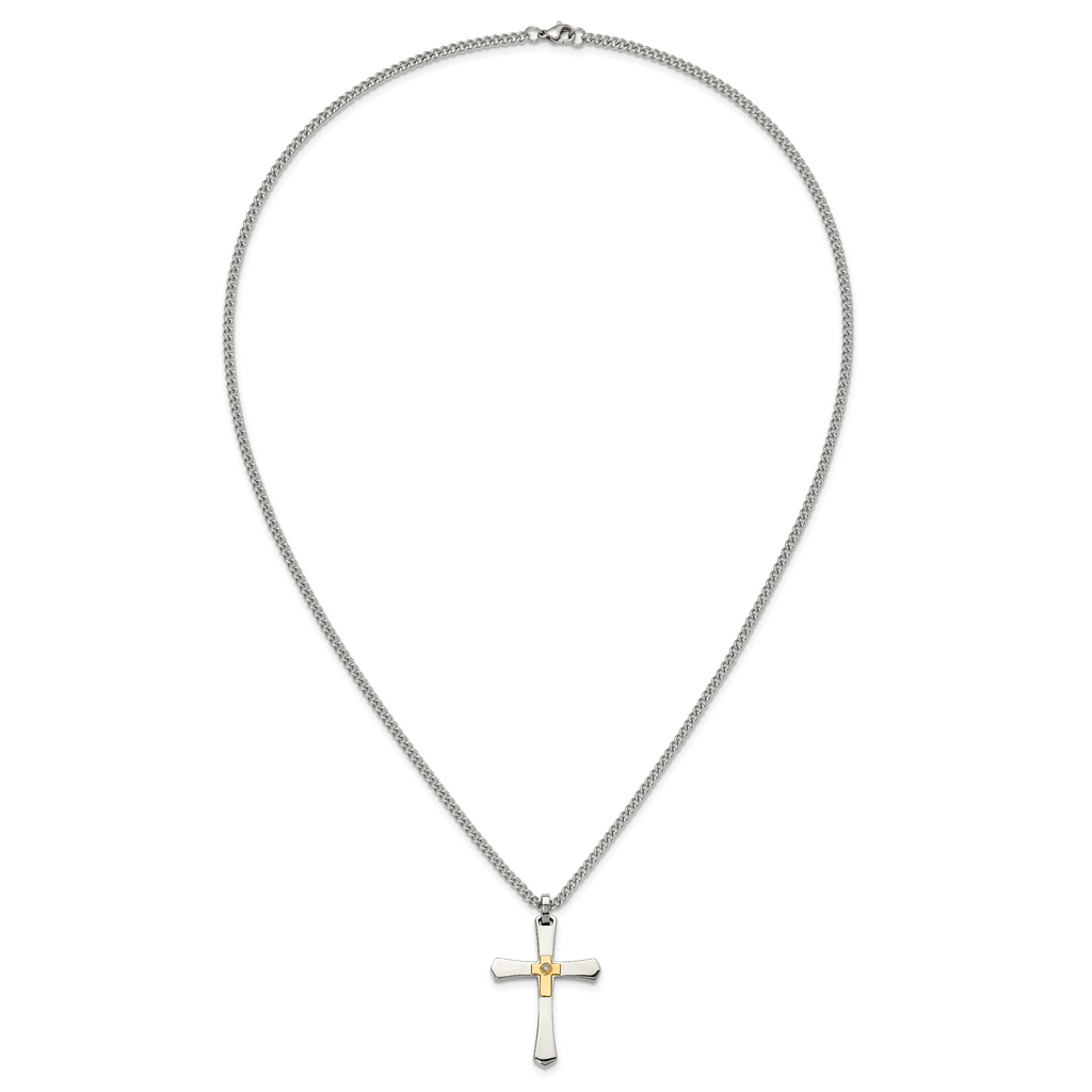 Men's Polished Diamond Cross Stainless Steel 14K Gold Accent Curb Chain Necklace 3mm