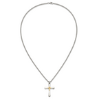 Men's Polished Diamond Cross Stainless Steel 14K Gold Accent Curb Chain Necklace 3mm
