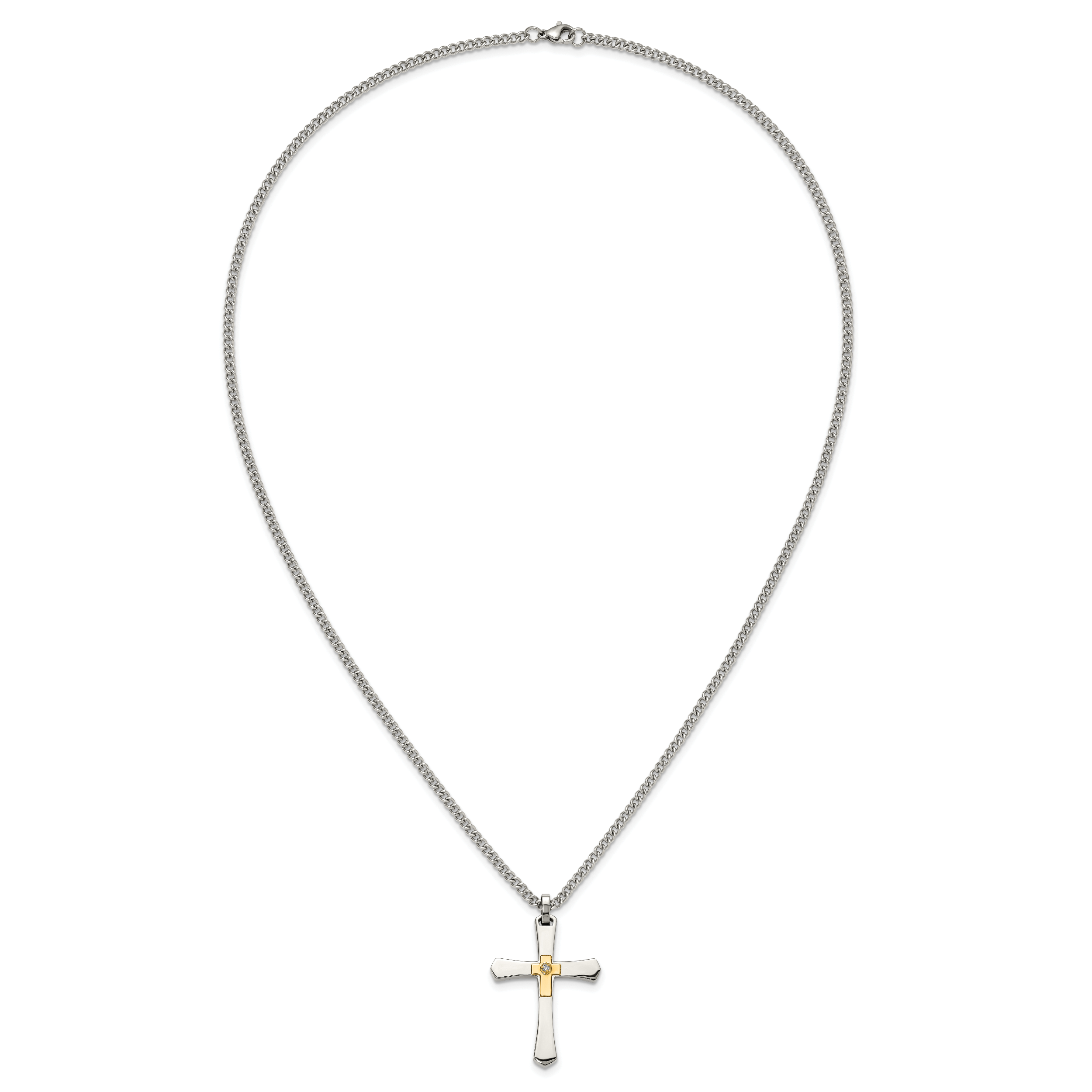 Men's Polished Diamond Cross Stainless Steel 14K Gold Accent Curb Chain Necklace 3mm