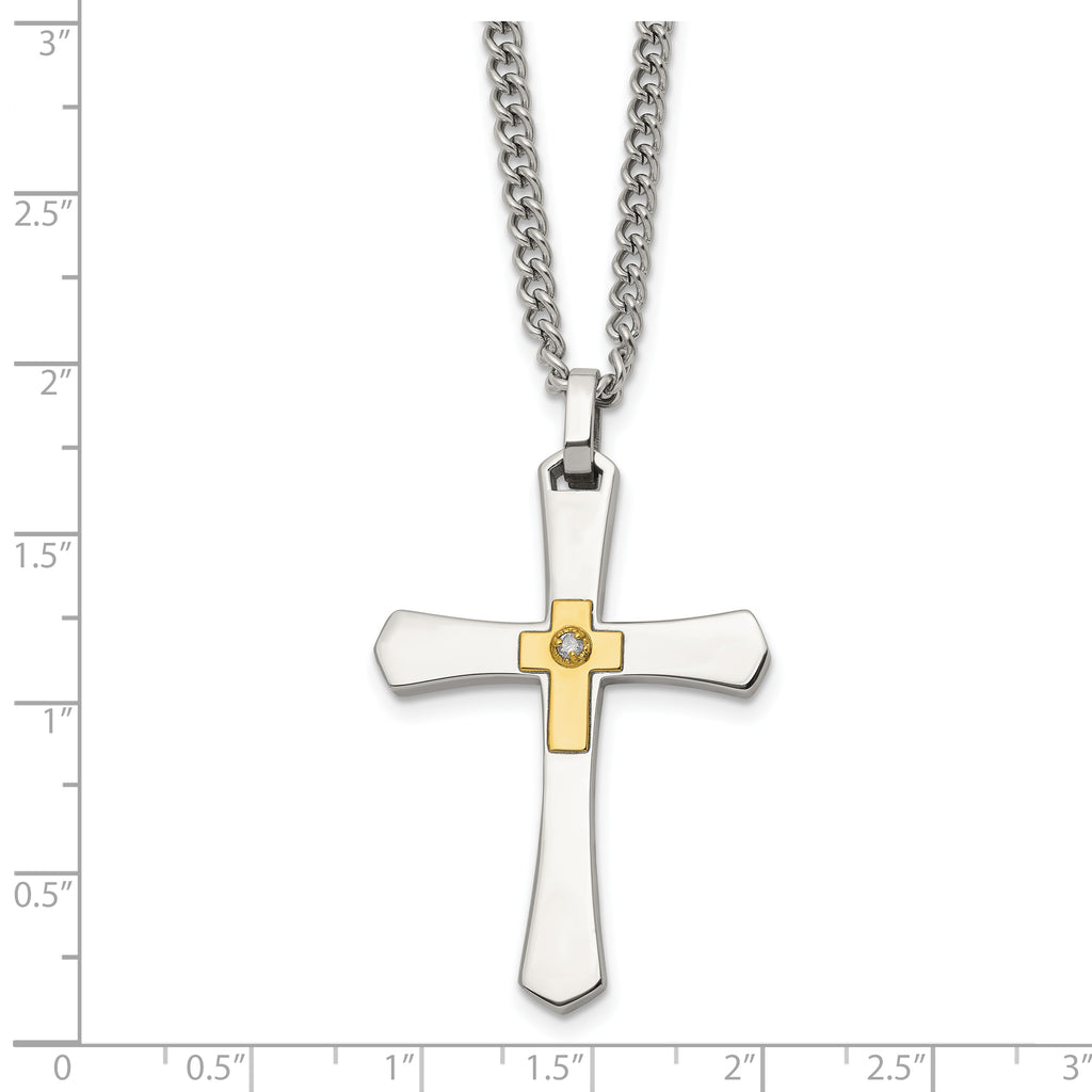 Men's Polished Diamond Cross Stainless Steel 14K Gold Accent Curb Chain Necklace 3mm