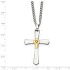 Men's Polished Diamond Cross Stainless Steel 14K Gold Accent Curb Chain Necklace 3mm
