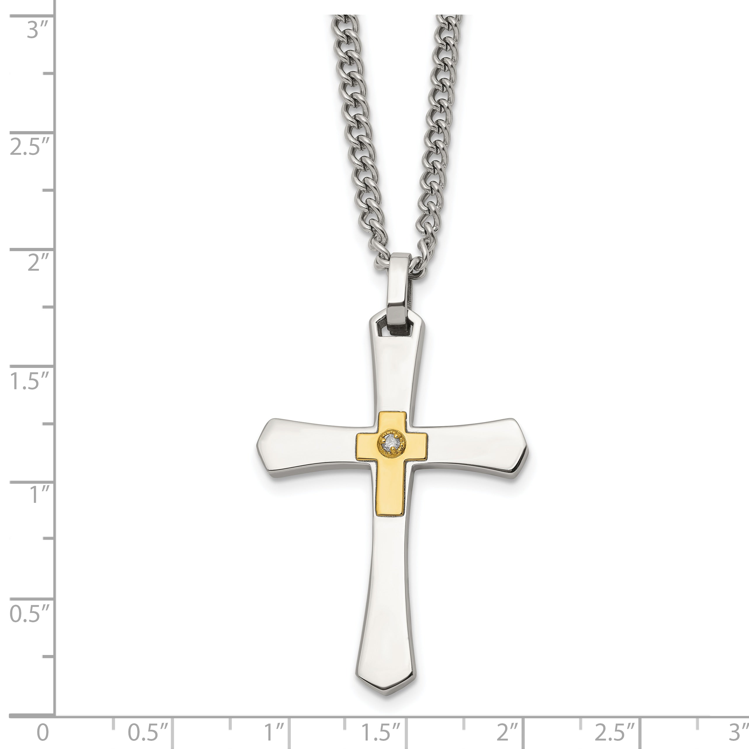 Men's Polished Diamond Cross Stainless Steel 14K Gold Accent Curb Chain Necklace 3mm