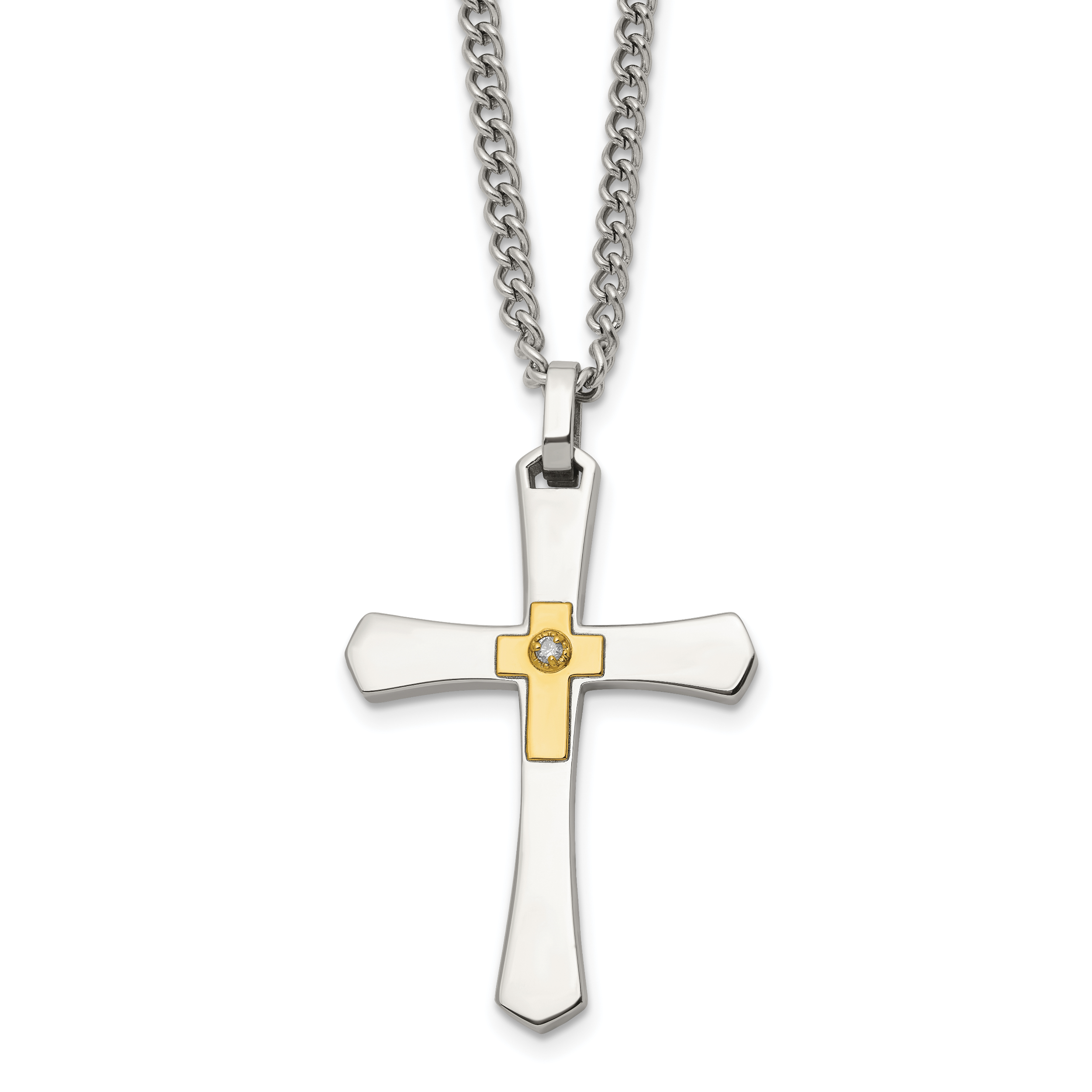 Men's Polished Diamond Cross Stainless Steel 14K Gold Accent Curb Chain Necklace 3mm Main image