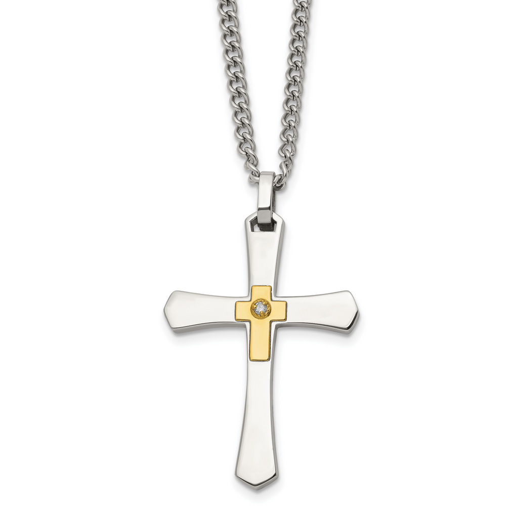 Men's Polished Diamond Cross Stainless Steel 14K Gold Accent Curb Chain Necklace 3mm