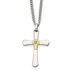 Men's Polished Diamond Cross Stainless Steel 14K Gold Accent Curb Chain Necklace 3mm