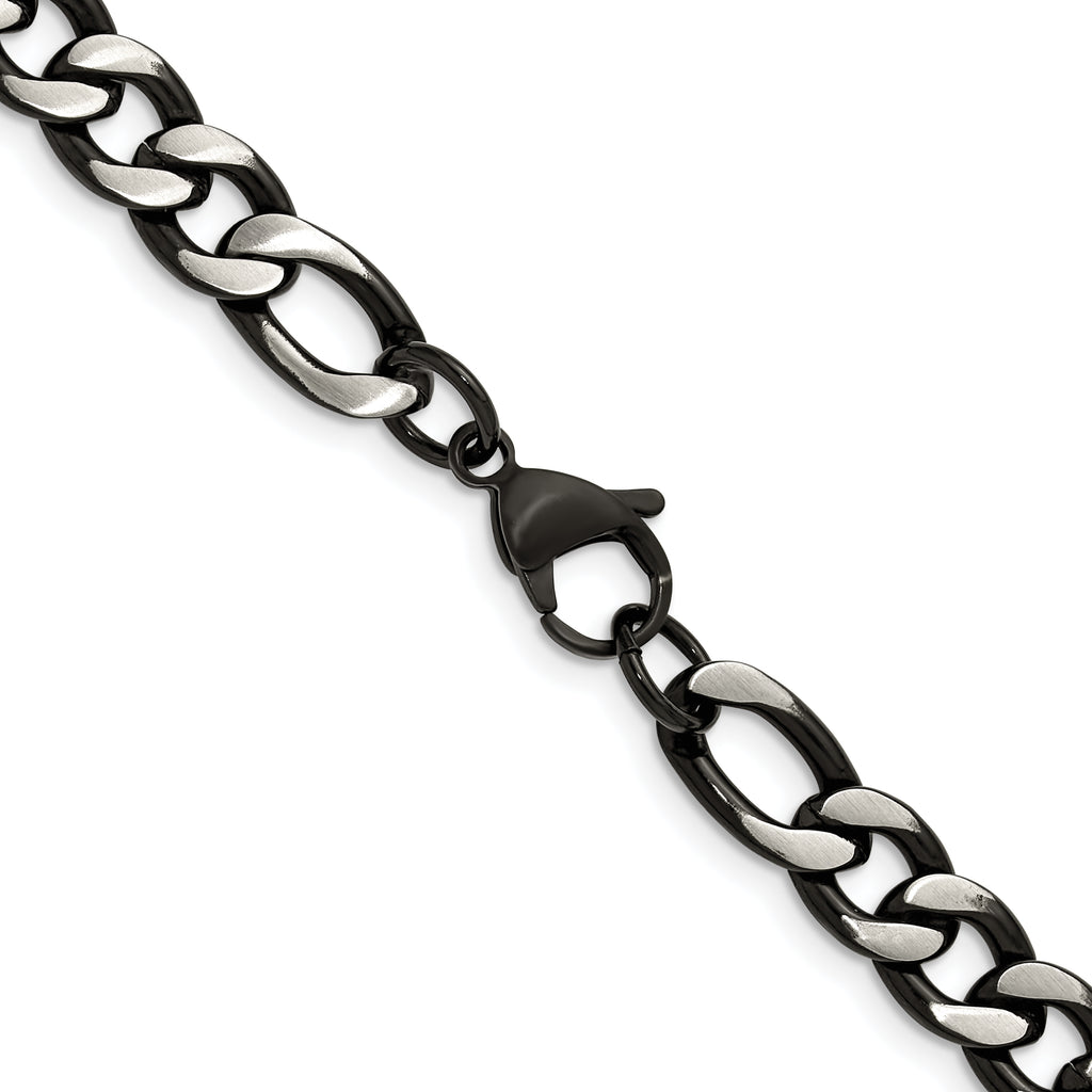 Brushed and Polished Black Stainless Steel Figaro Chain Necklace 7.5mm
