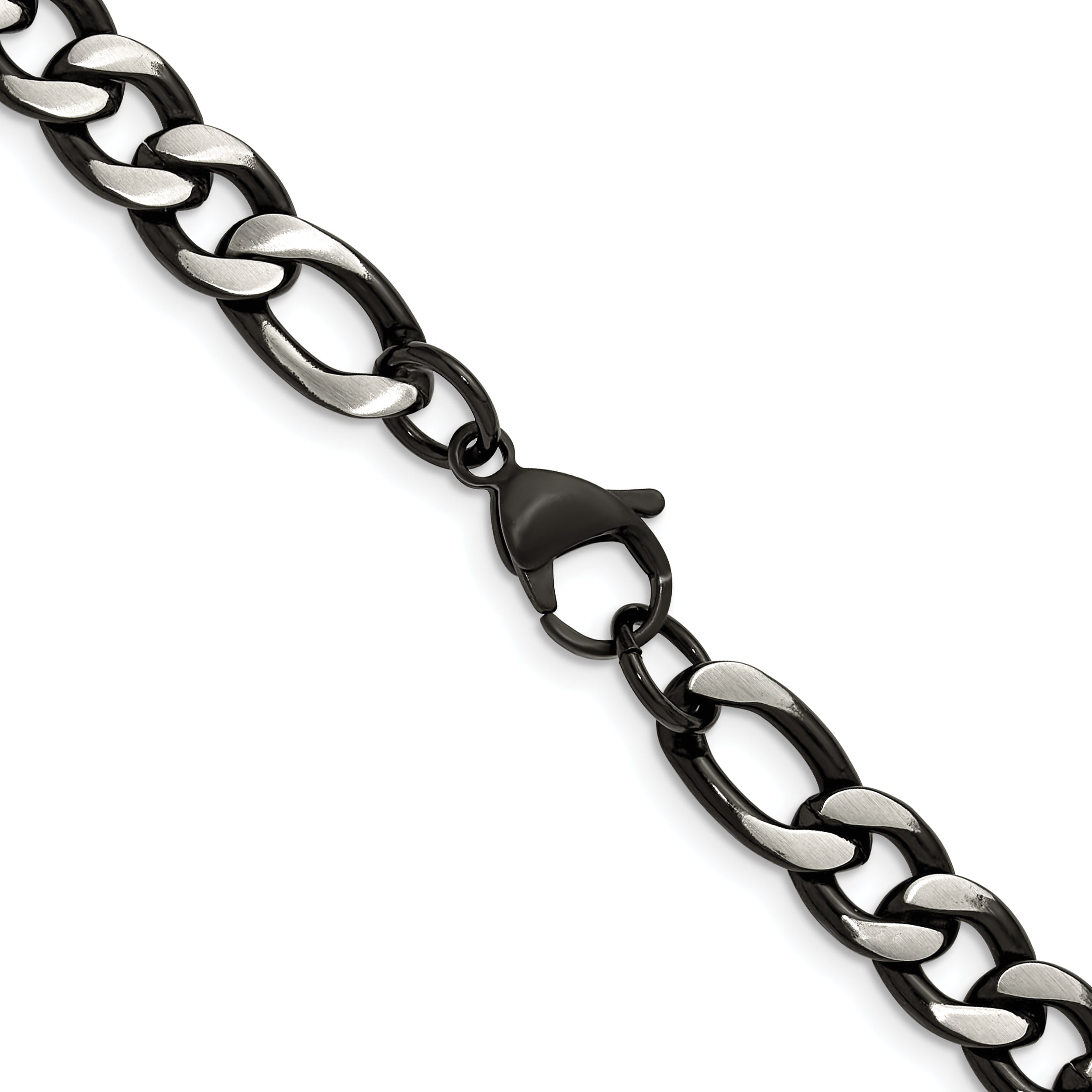 Brushed and Polished Black Stainless Steel Figaro Chain Necklace 7.5mm