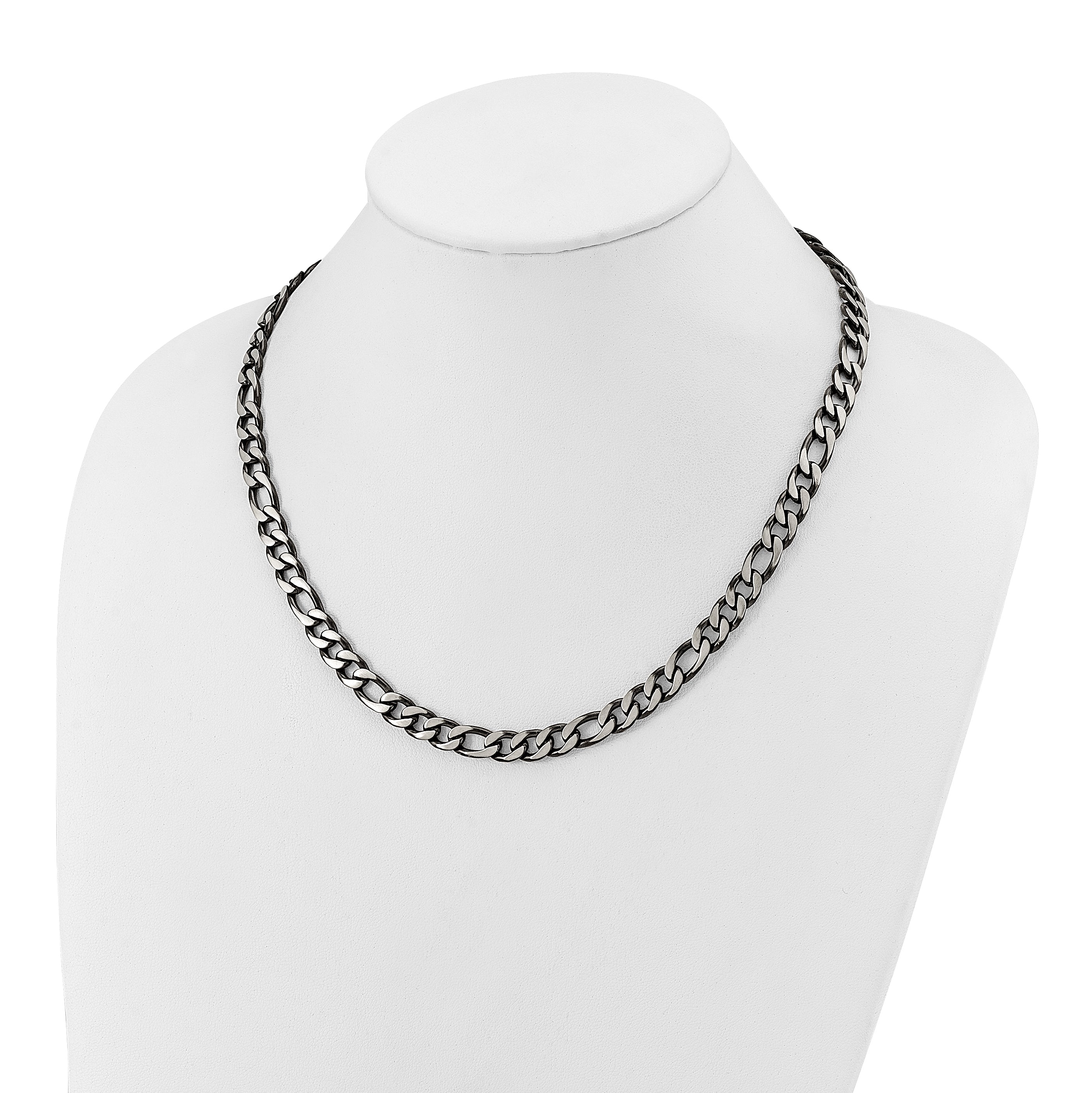 Brushed and Polished Black Stainless Steel Figaro Chain Necklace 7.5mm