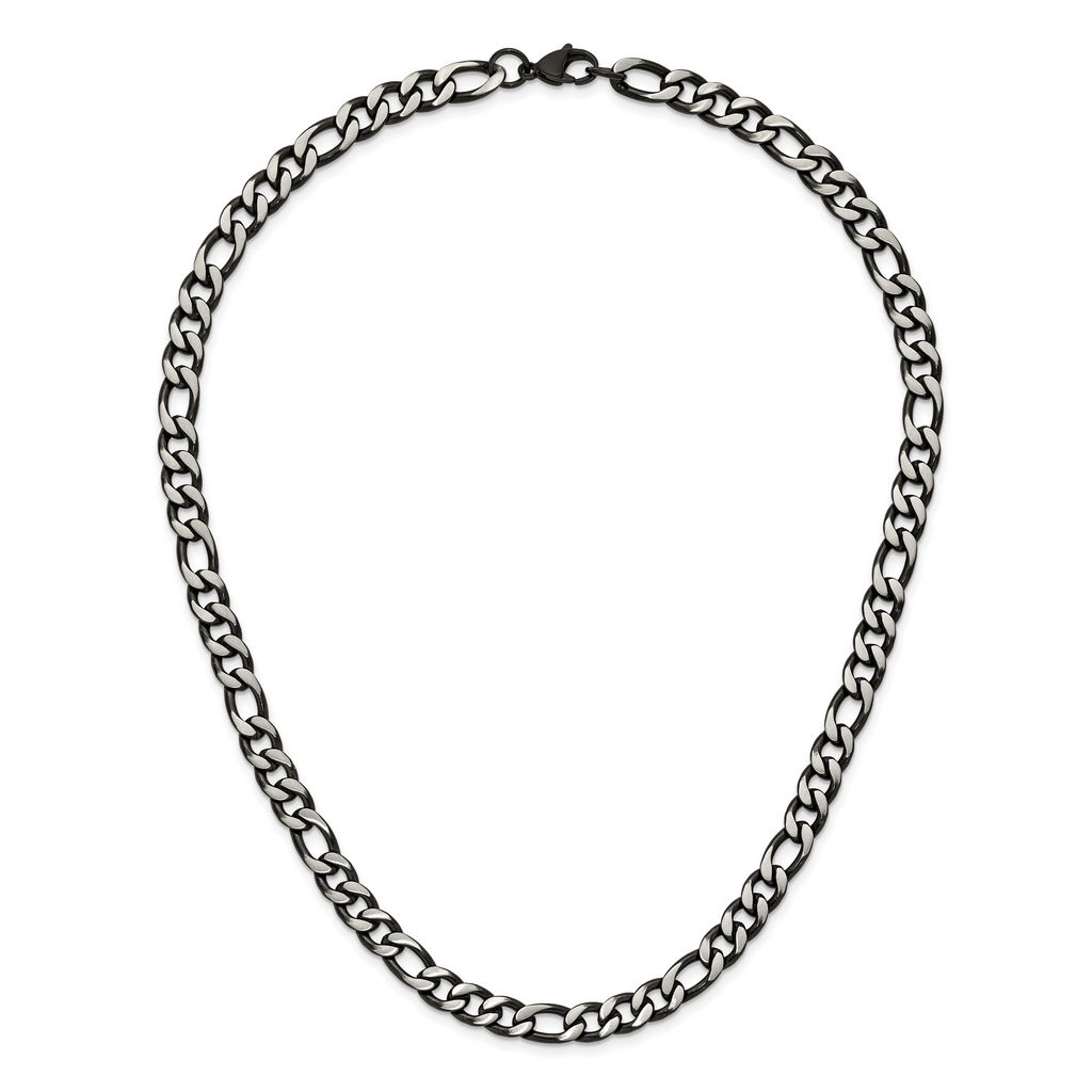Brushed and Polished Black Stainless Steel Figaro Chain Necklace 7.5mm