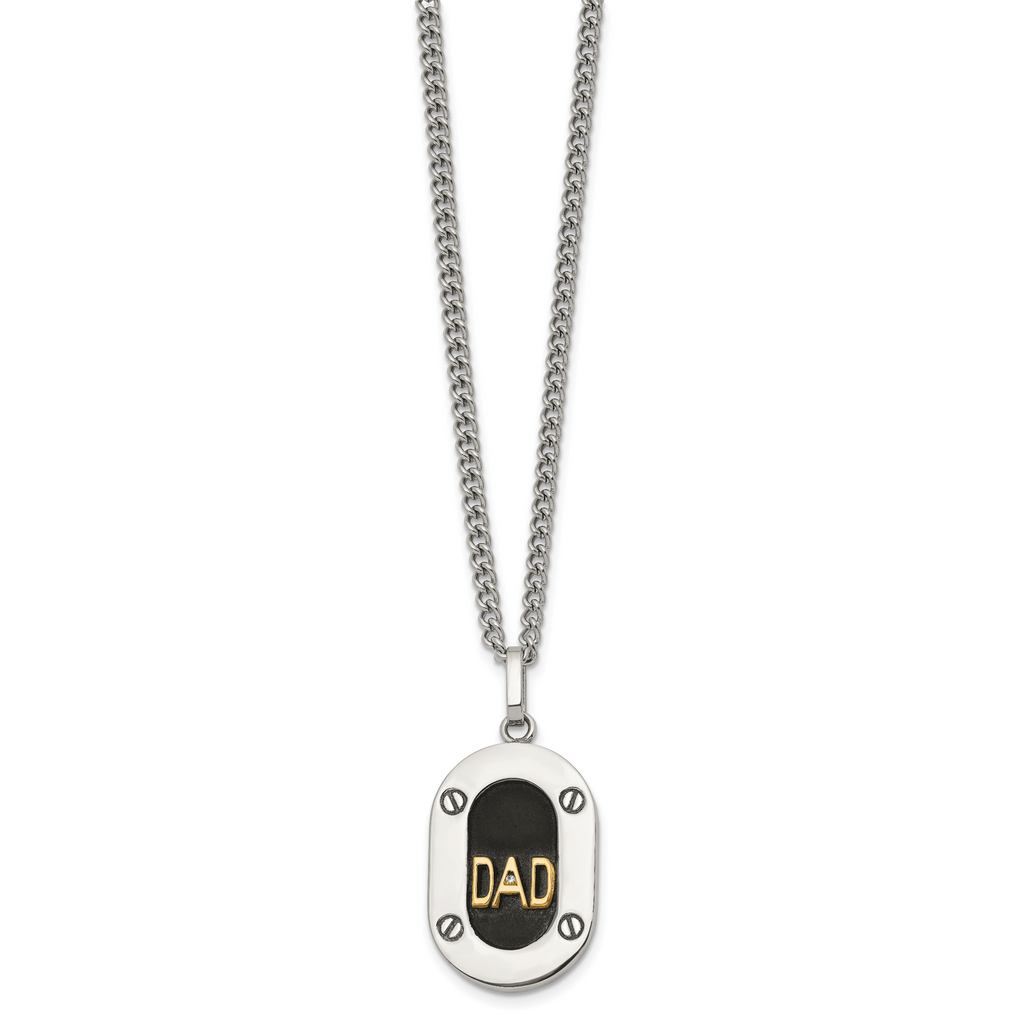 Men's Polished Diamond DAD Stainless Steel 14K Gold Accent Curb Chain Pendant Necklace 3mm