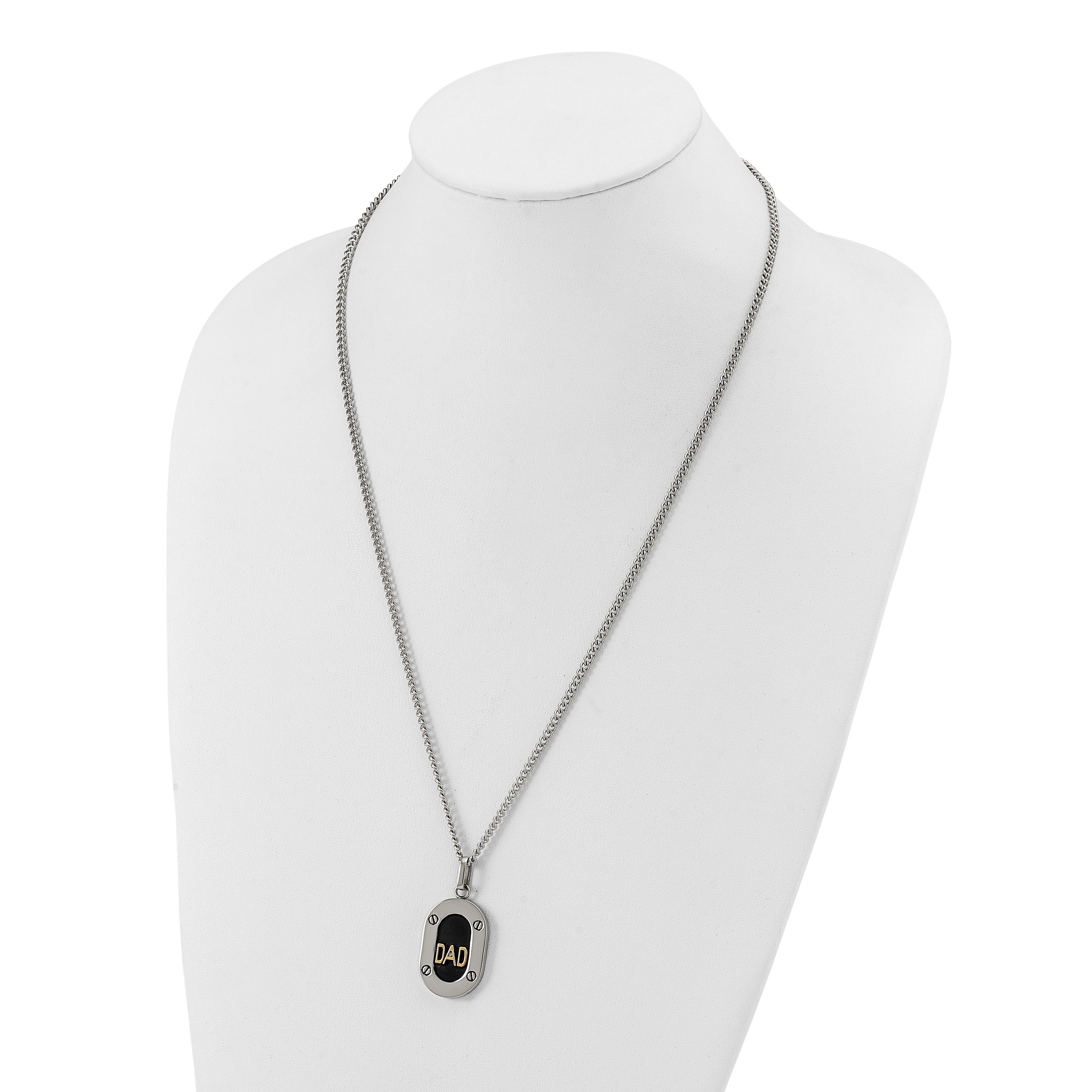 Men's Polished Diamond DAD Stainless Steel 14K Gold Accent Curb Chain Pendant Necklace 3mm