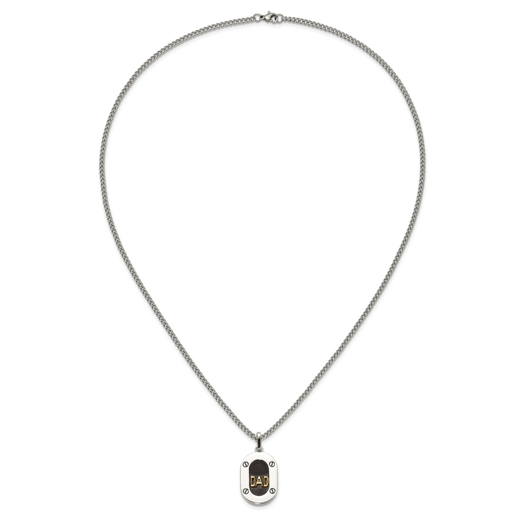 Men's Polished Diamond DAD Stainless Steel 14K Gold Accent Curb Chain Pendant Necklace 3mm
