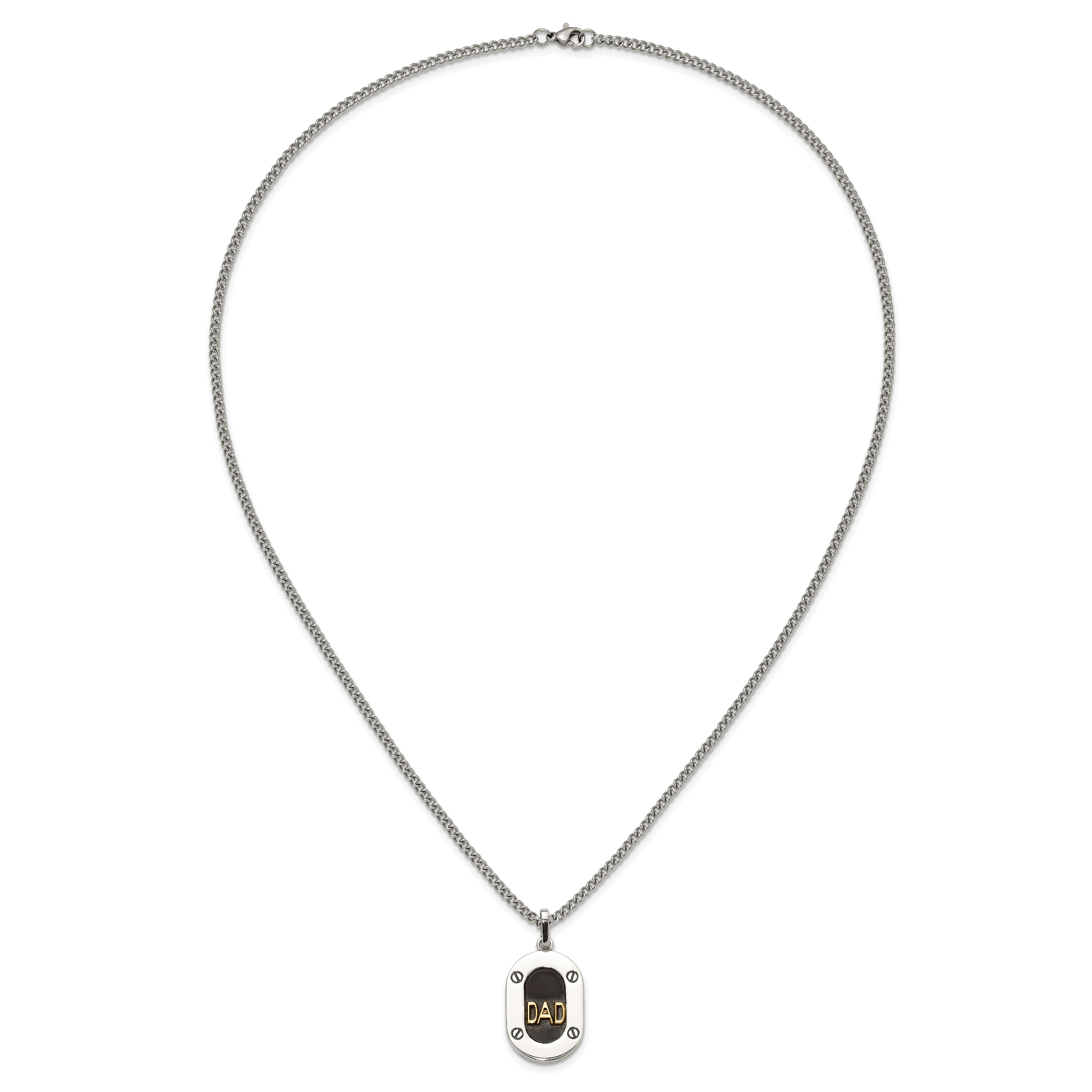 Men's Polished Diamond DAD Stainless Steel 14K Gold Accent Curb Chain Pendant Necklace 3mm