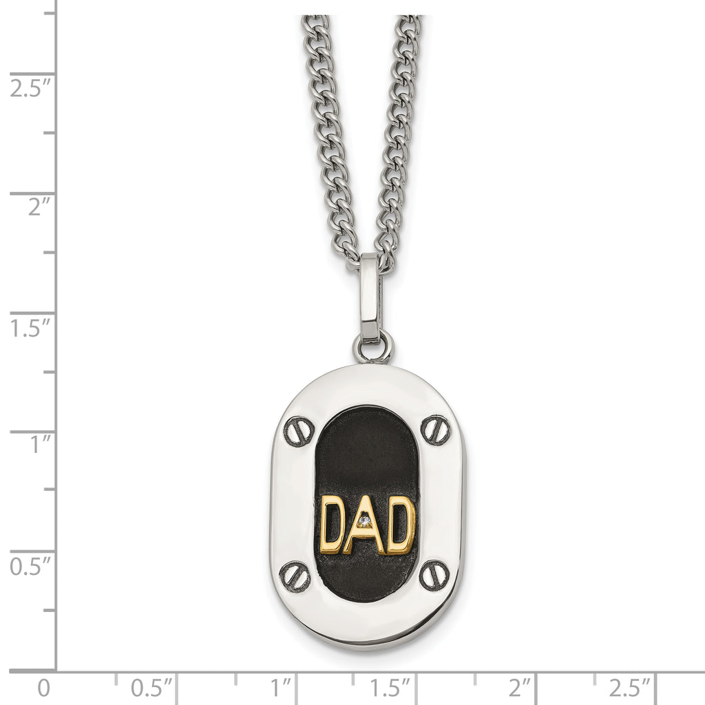 Men's Polished Diamond DAD Stainless Steel 14K Gold Accent Curb Chain Pendant Necklace 3mm