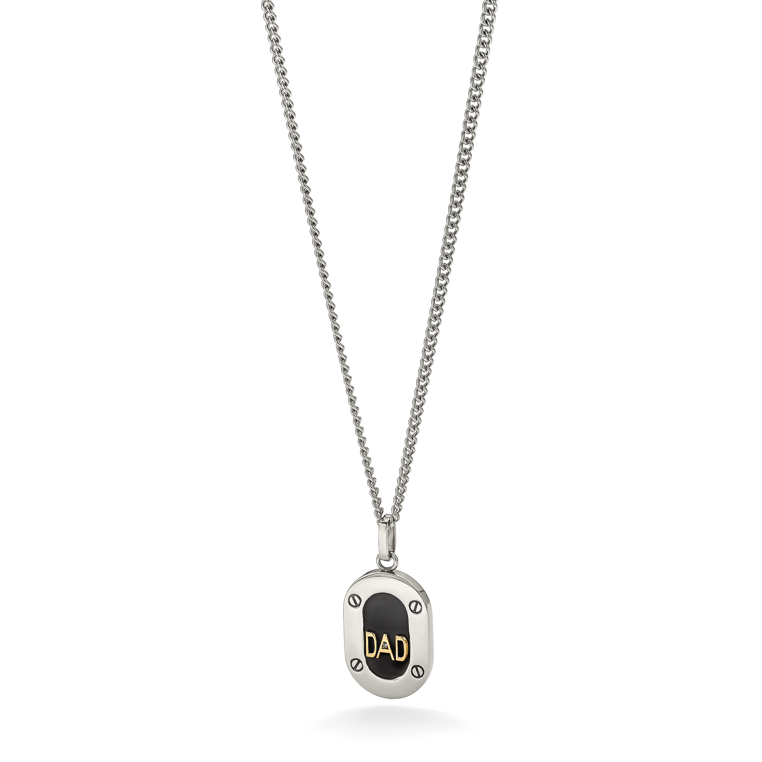 Men's Polished Diamond DAD Stainless Steel 14K Gold Accent Curb Chain Pendant Necklace 3mm