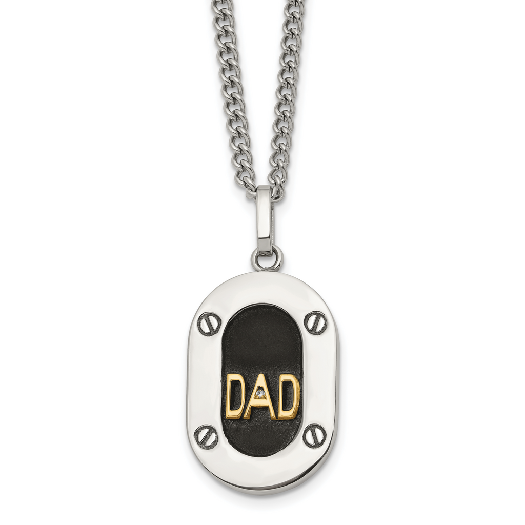 Men's Polished Diamond DAD Stainless Steel 14K Gold Accent Curb Chain Pendant Necklace 3mm