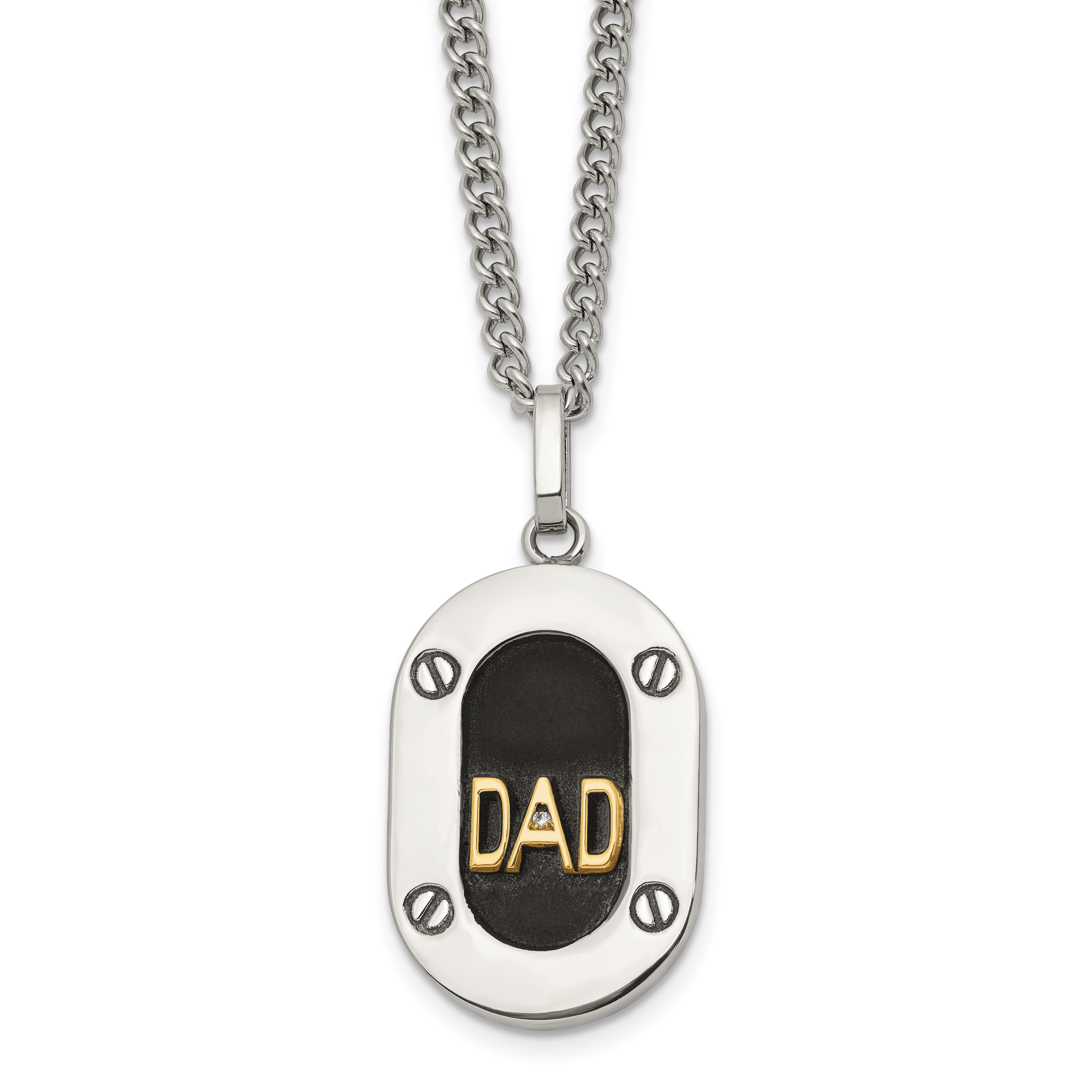 Men's Polished Diamond DAD Stainless Steel 14K Gold Accent Curb Chain Pendant Necklace 3mm