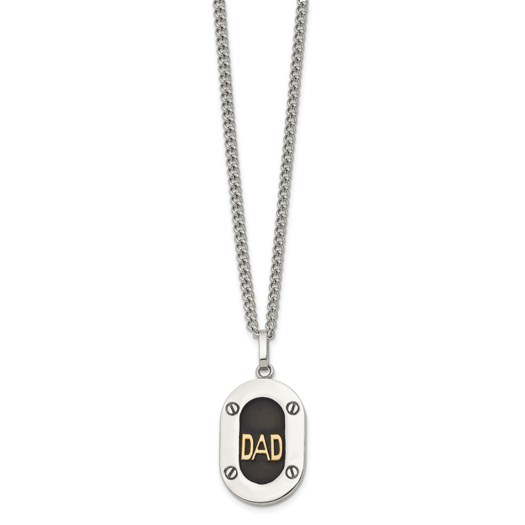 Men's Polished DAD Stainless Steel 14K Gold Accent Curb Chain Pendant Necklace 3mm
