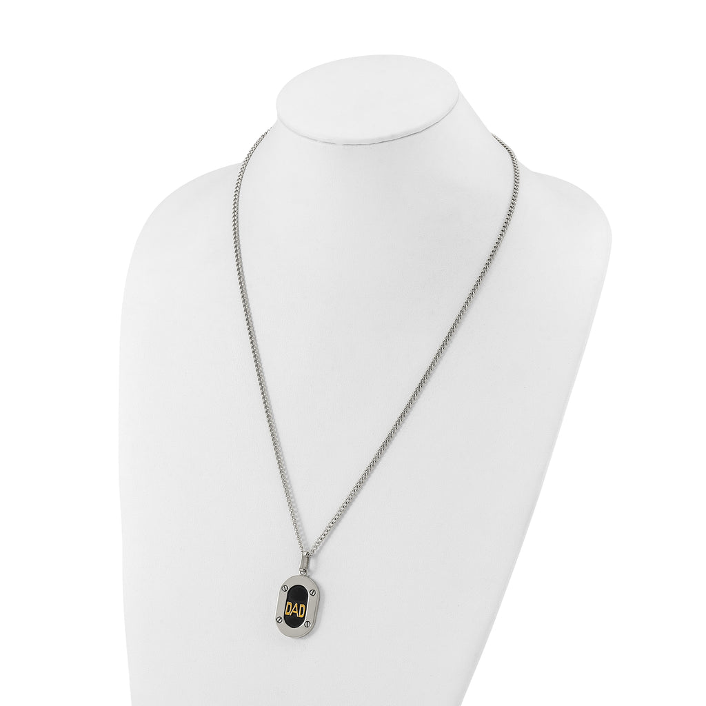 Men's Polished DAD Stainless Steel 14K Gold Accent Curb Chain Pendant Necklace 3mm