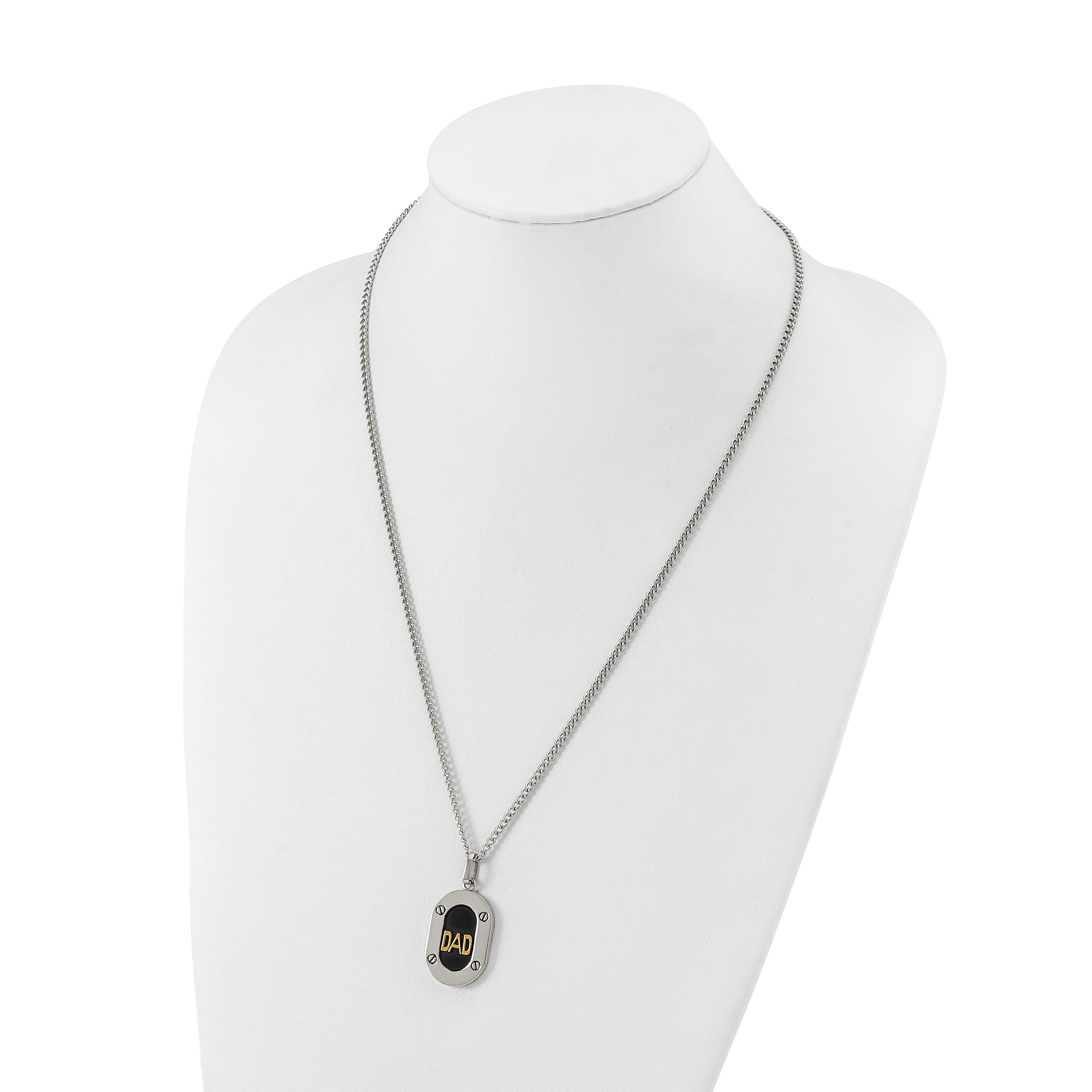Men's Polished DAD Stainless Steel 14K Gold Accent Curb Chain Pendant Necklace 3mm