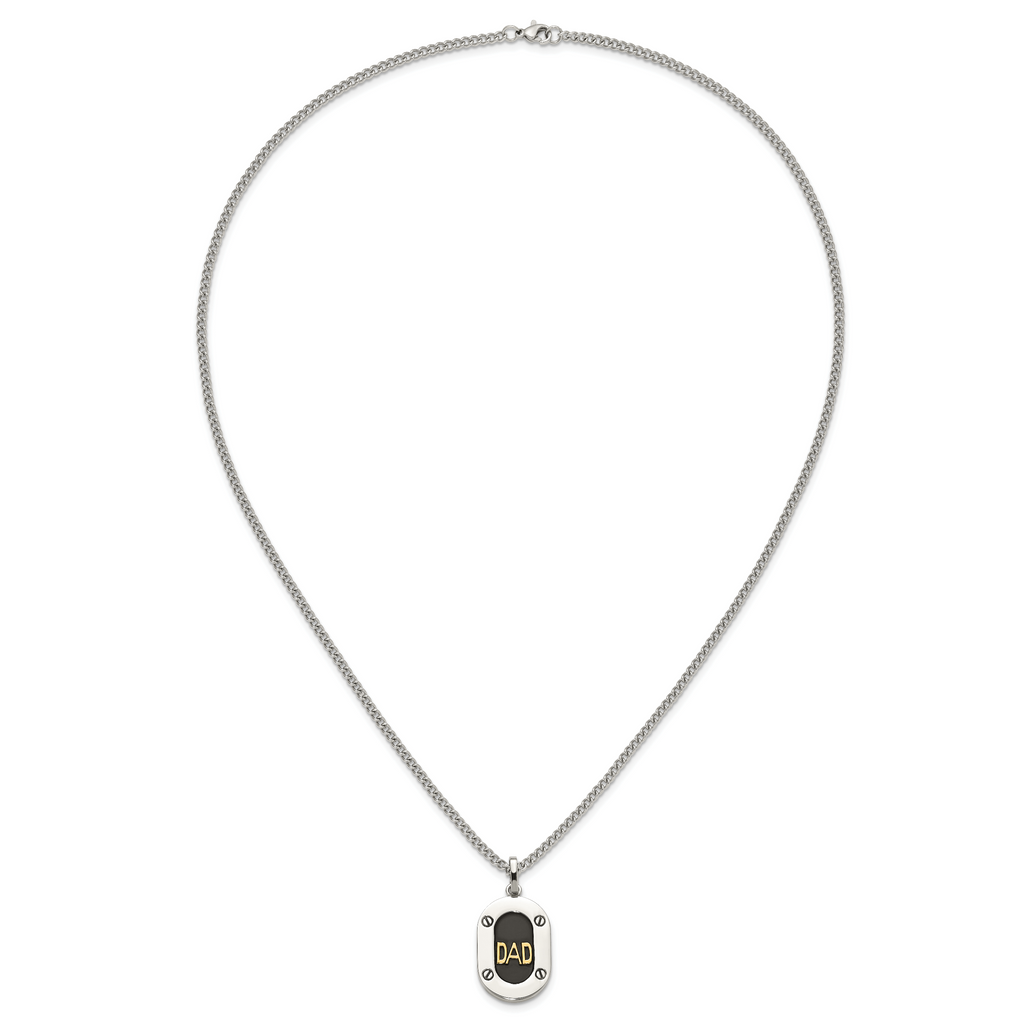 Men's Polished DAD Stainless Steel 14K Gold Accent Curb Chain Pendant Necklace 3mm