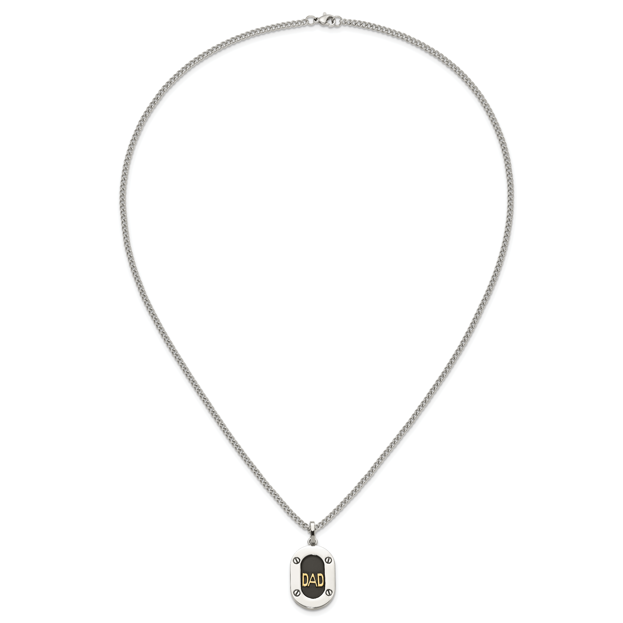 Men's Polished DAD Stainless Steel 14K Gold Accent Curb Chain Pendant Necklace 3mm
