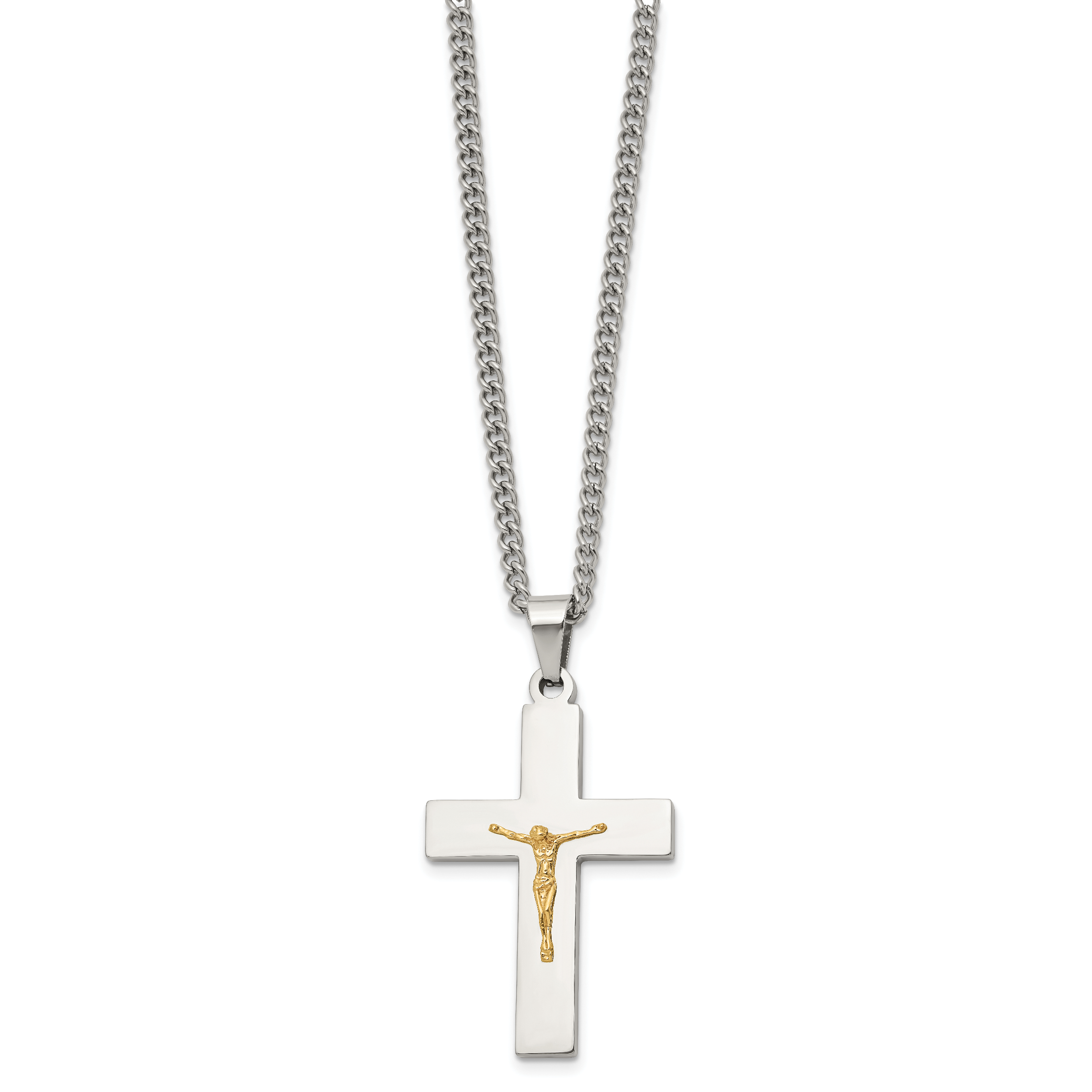 Men's Polished Crucifix Stainless Steel 14K Gold Accent Curb Chain Pendant Necklace 3mm Secondary image