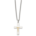 Men's Polished Crucifix Stainless Steel 14K Gold Accent Curb Chain Pendant Necklace 3mm