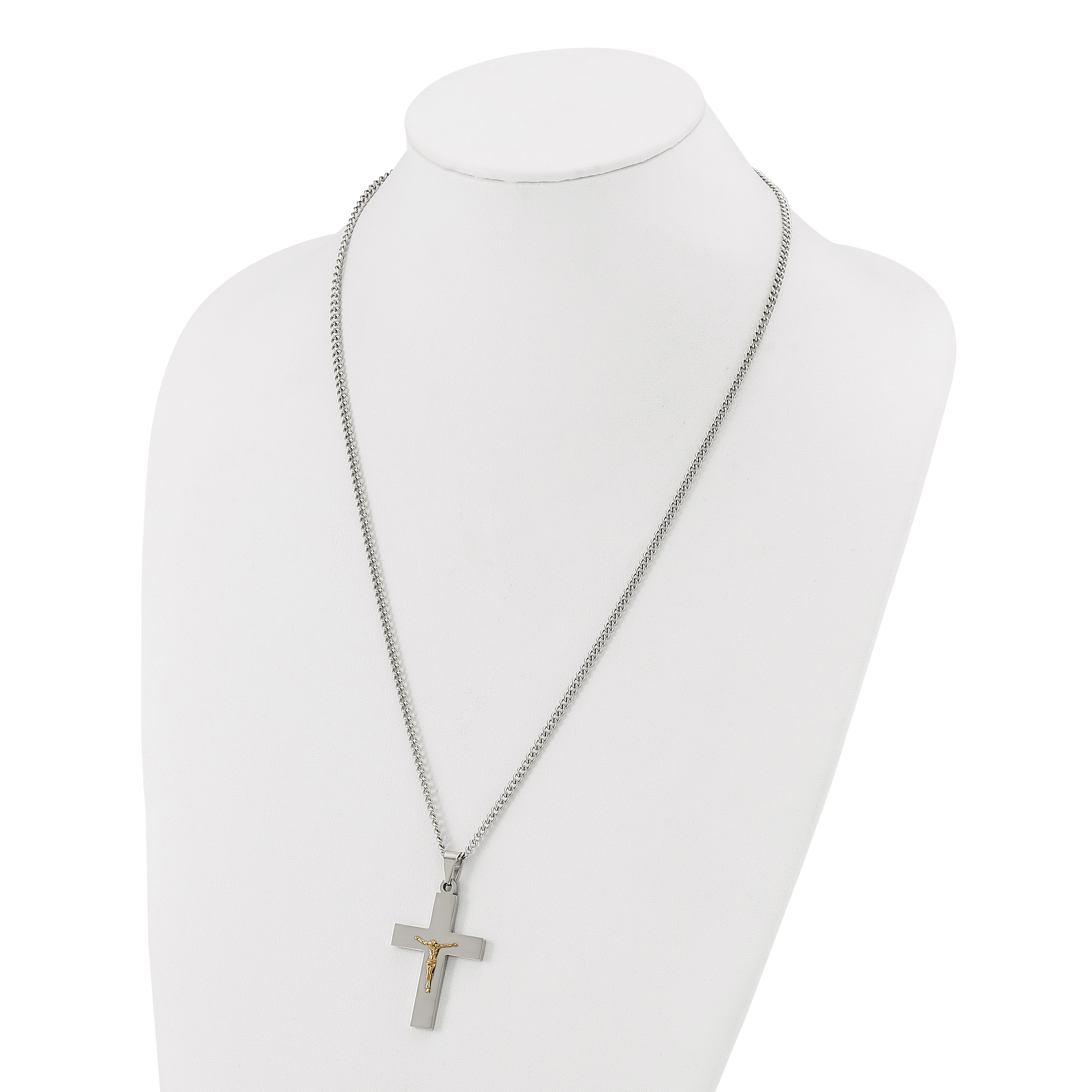 Men's Polished Crucifix Stainless Steel 14K Gold Accent Curb Chain Pendant Necklace 3mm